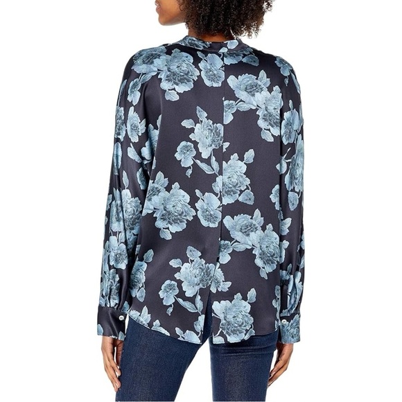 Vince Tapestry Floral Silk Popover Top Blue Black - Picture 3 of 13
